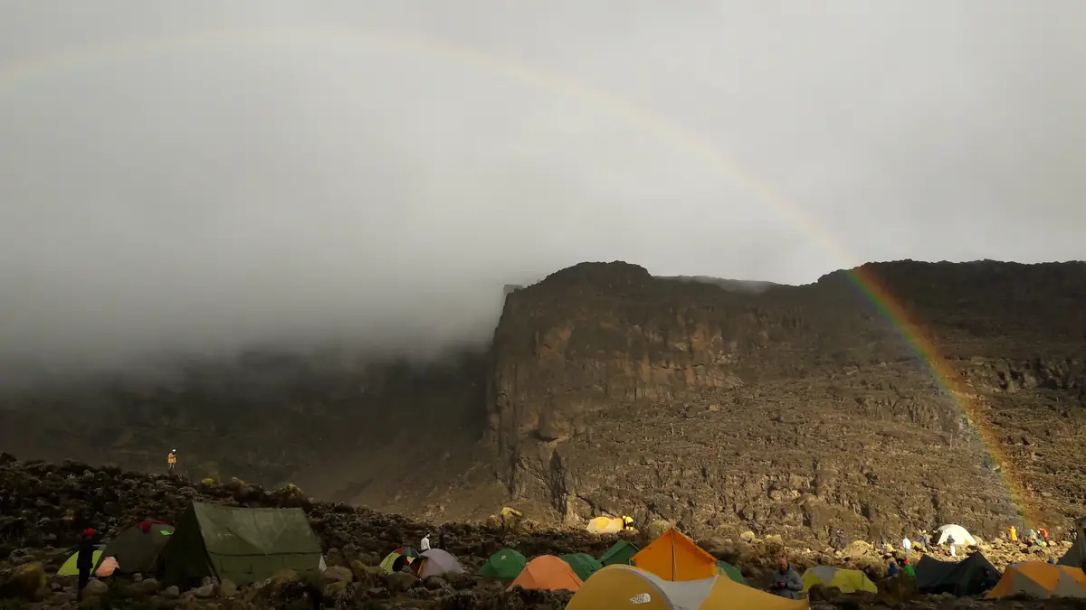 Rainbow over the Barranco Wall, the tents of Barranco Camp below
