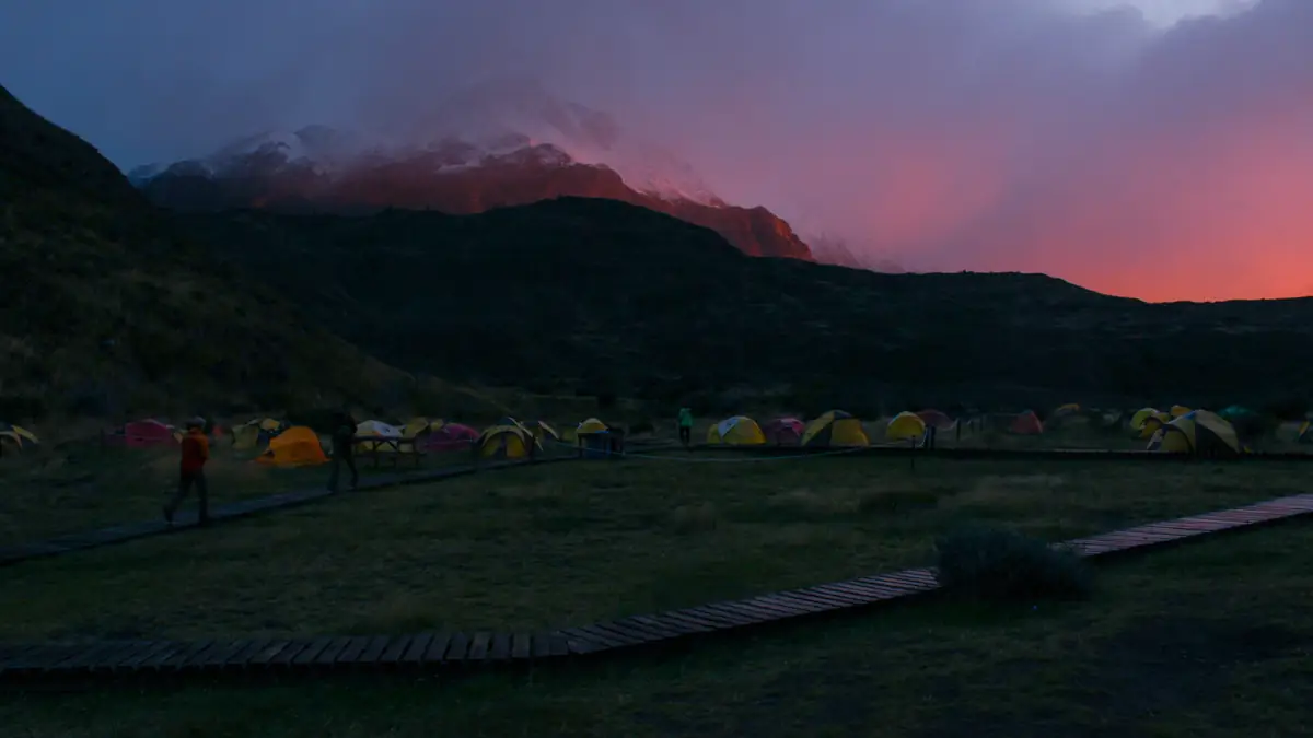 Tents at the Paine Grande campsite at sunrise
