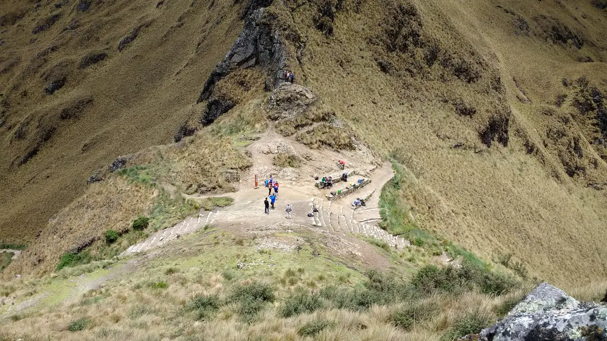 Hikers on Warmiwañusca, Dead Woman's Pass, the highest point of the Inca Trail