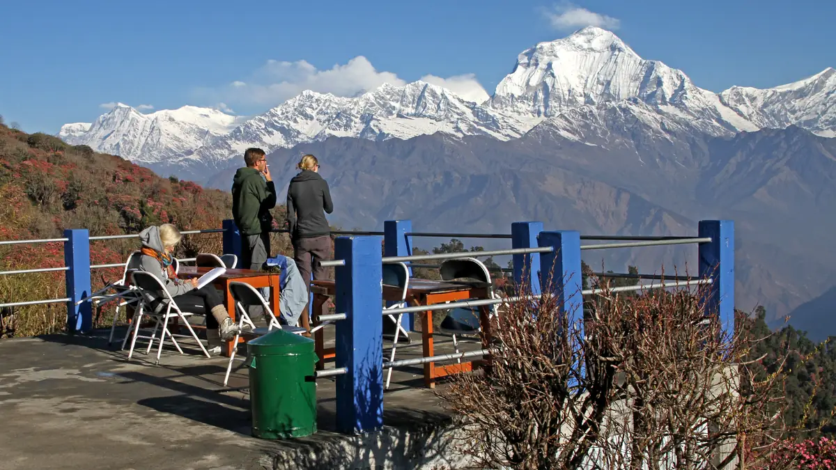 Lodge terrace in Ghorepani with a view of Dhaulagiri