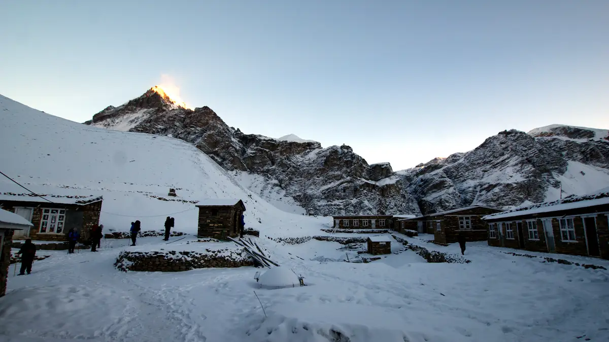 High Camp below Thorong La in evening snow