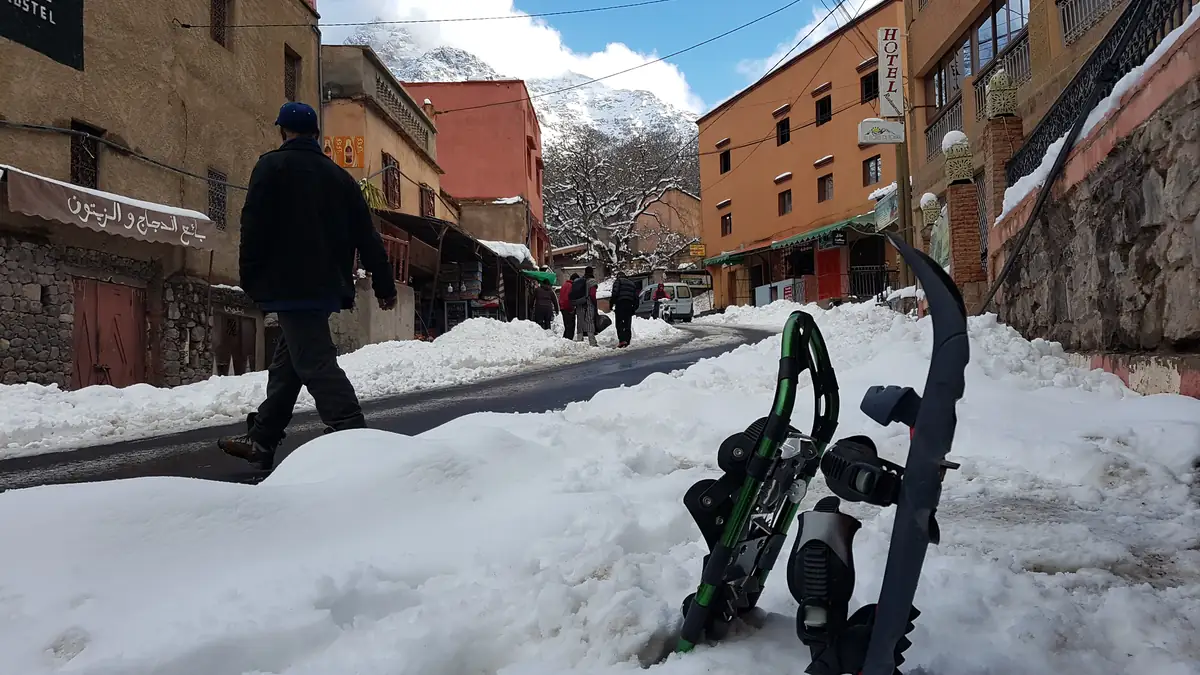 Imlil under snow, snowshoes at the roadside