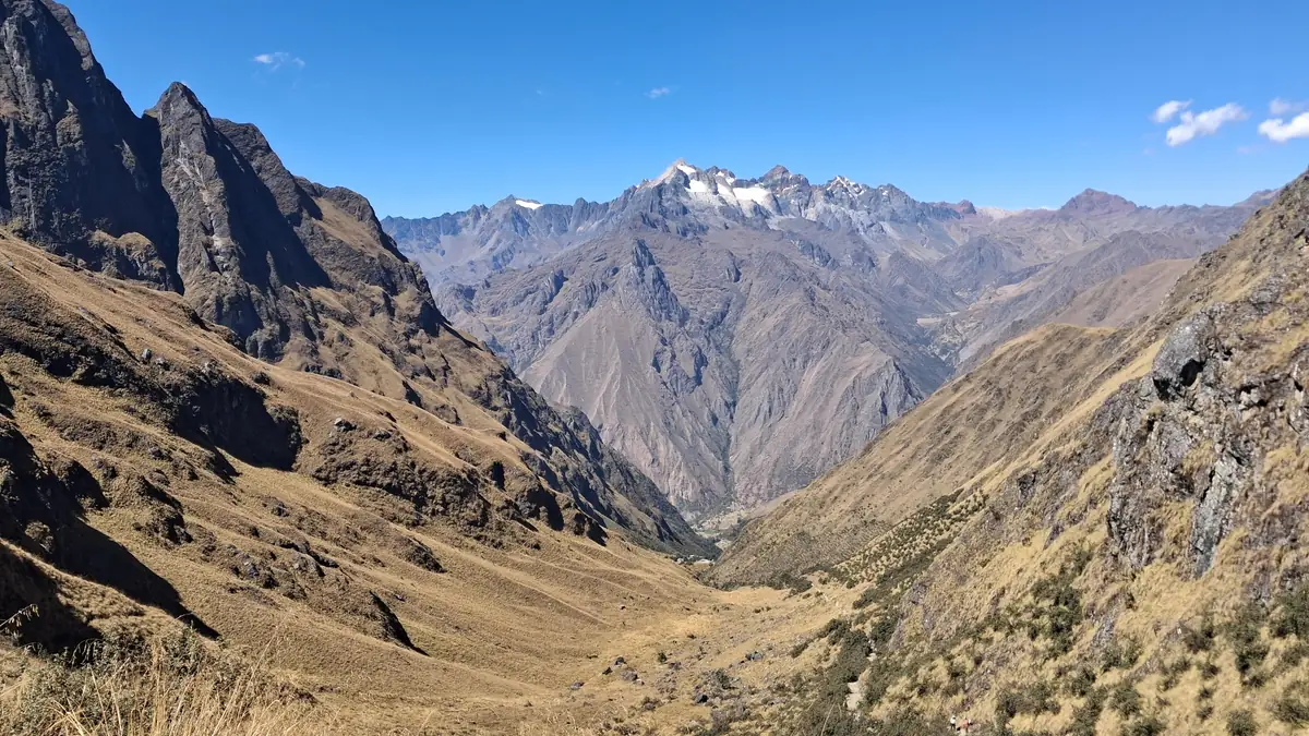 View from the Inca Trail across the valley towards the snow peaks of the Vilcabamba range