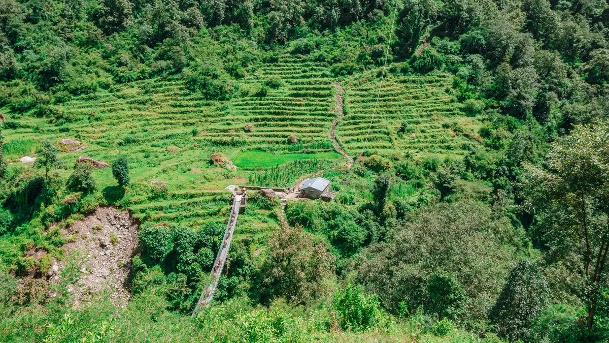 The long suspension bridge over the Modi Khola at Jhinu Danda