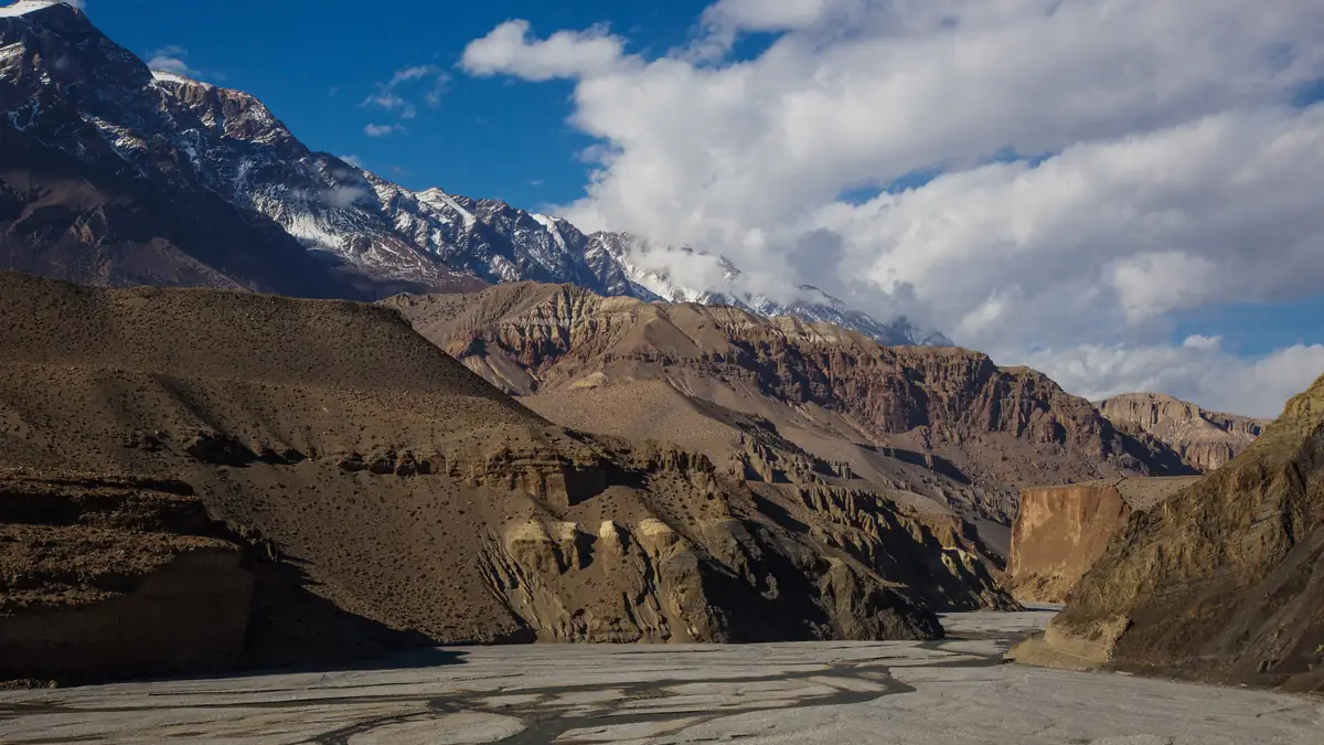 The wide gravel bed of the Kali Gandaki beyond Kagbeni