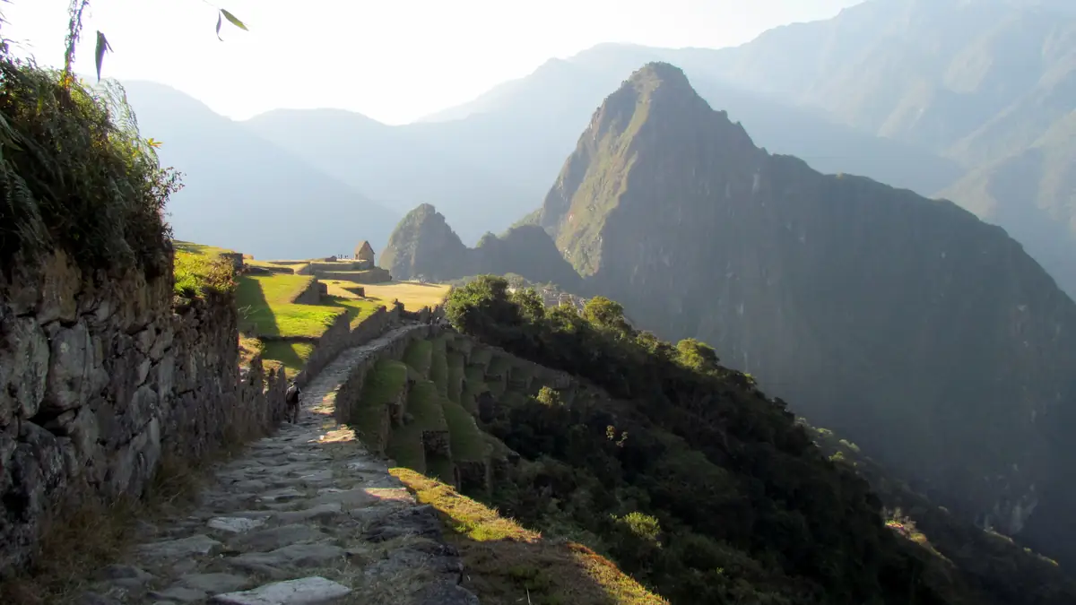The last stretch of the Inca Trail between the Sun Gate and Machu Picchu