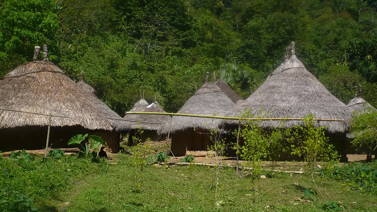 Runde Strohhütten eines Kogi-Zeremonialdorfs am Weg zur Ciudad Perdida