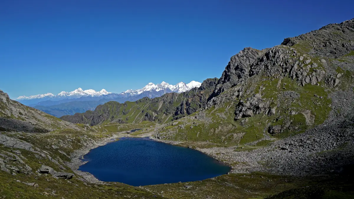 Einer der Seen unter dem Lauribina La, dahinter die Kette des Langtang Himal