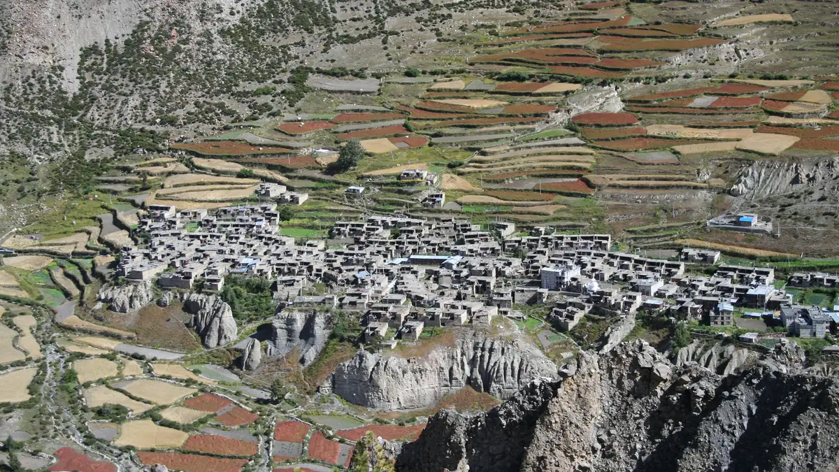 The fields and stone houses of Manang from above