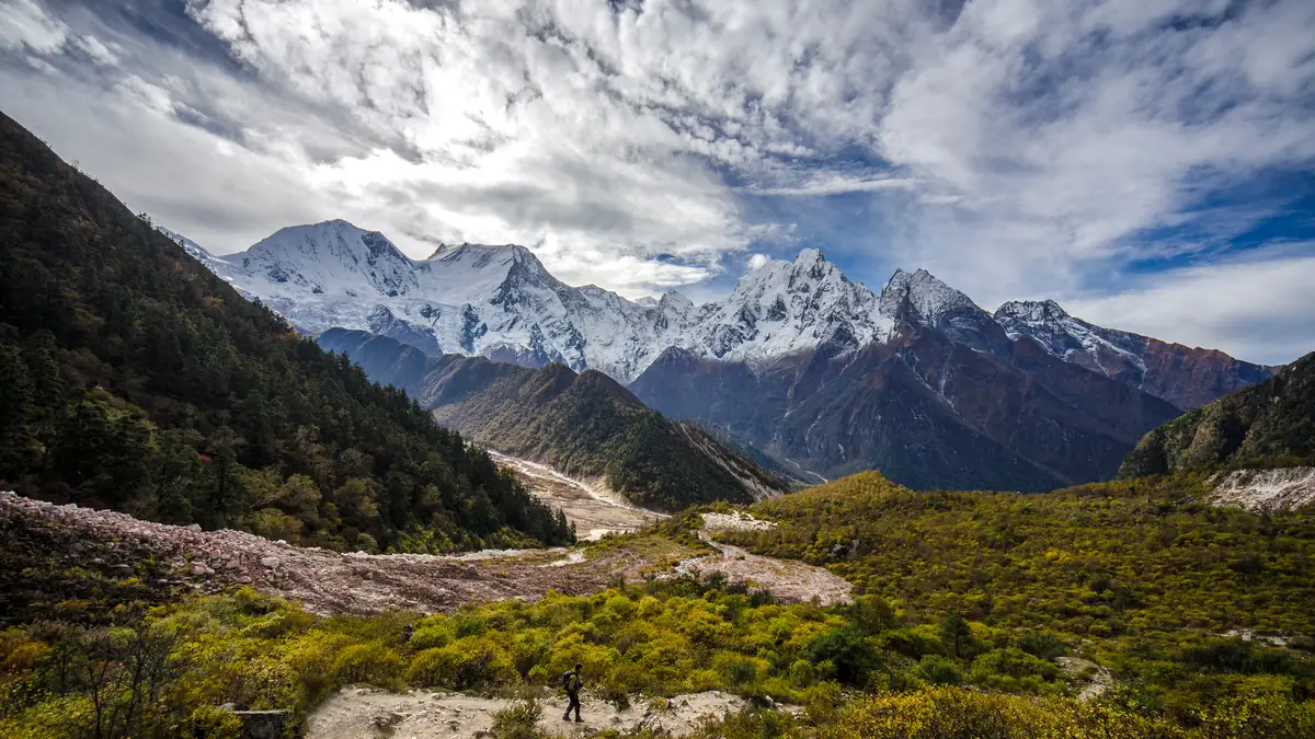 Das Tal von Bimthang mit Wanderern, dahinter die Gipfel westlich des Manaslu