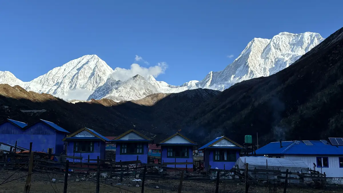 Blue lodges in Bimthang beneath the ice peaks