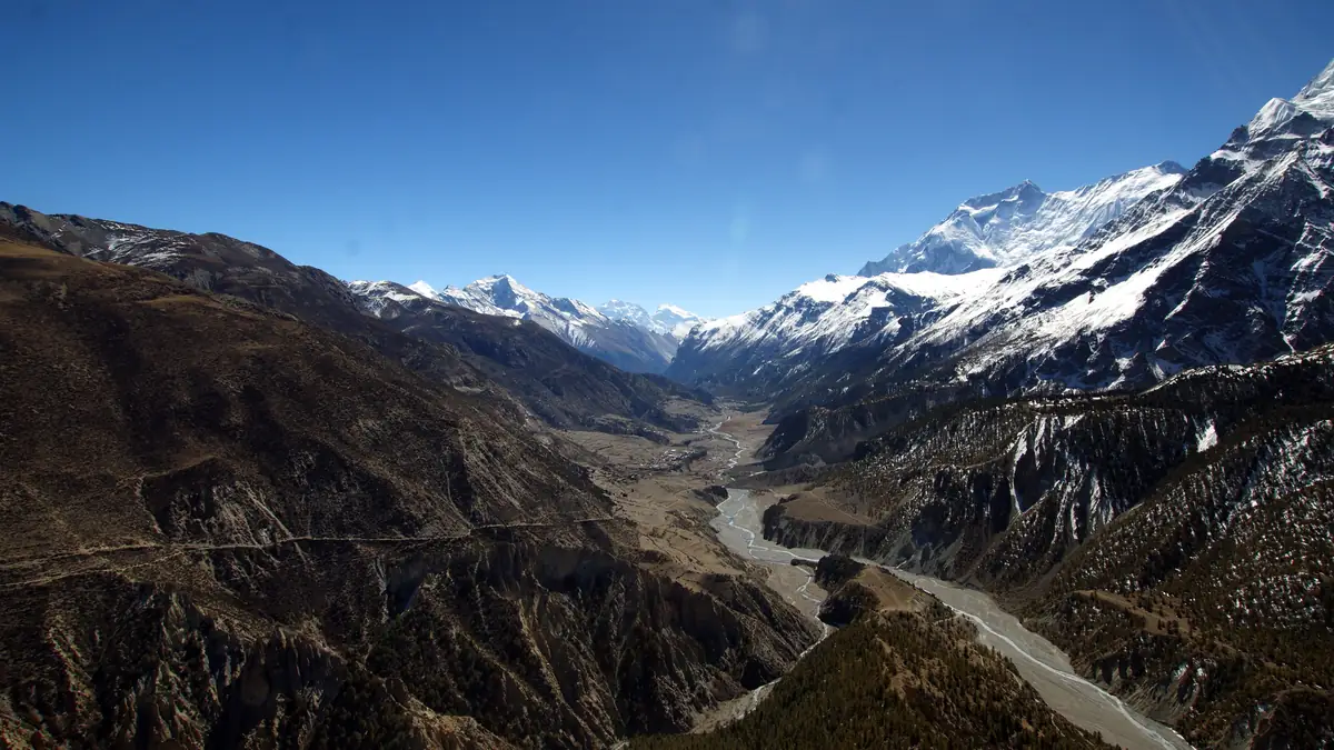 The Marsyangdi valley with snow mountains at its head