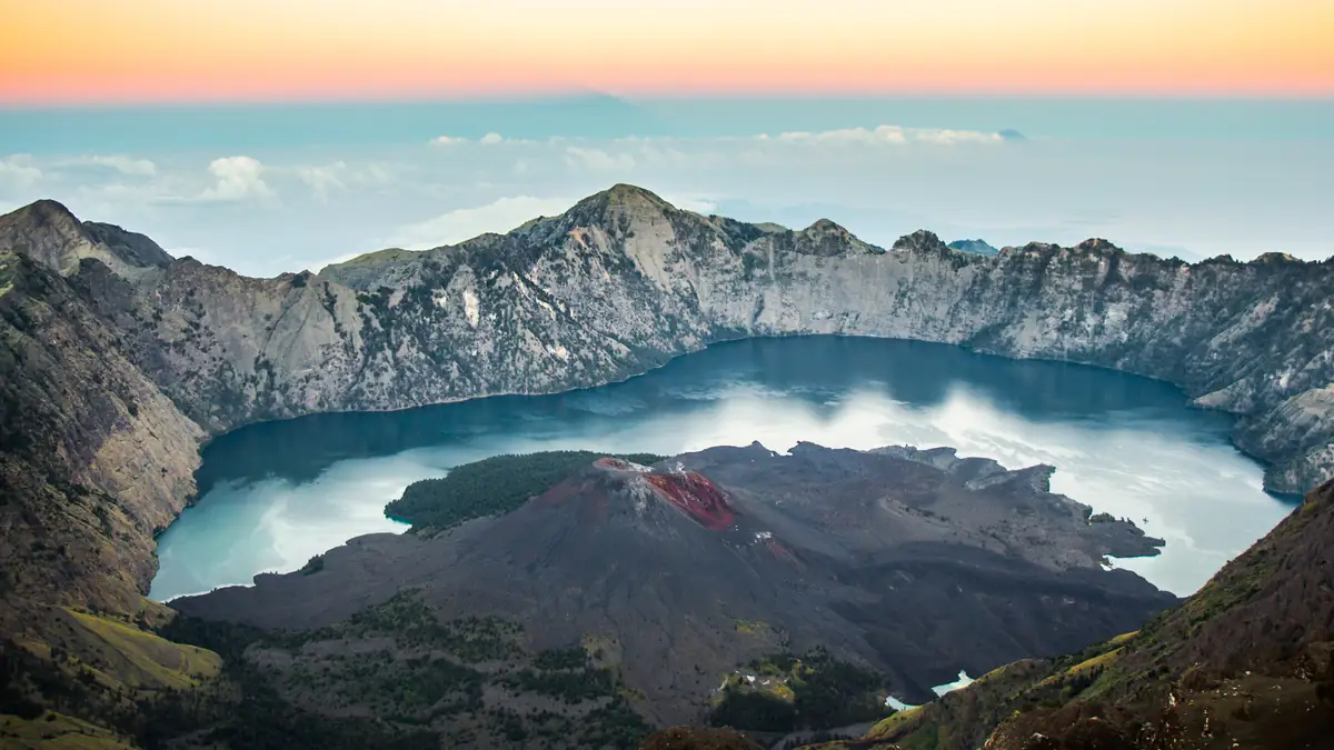 The Rinjani caldera with Segara Anak and the Barujari cone in morning light