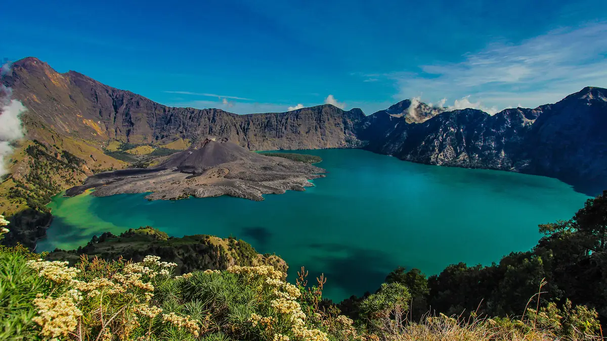 Segara Anak, the turquoise crater lake at around 2,000 metres, seen from the crater rim