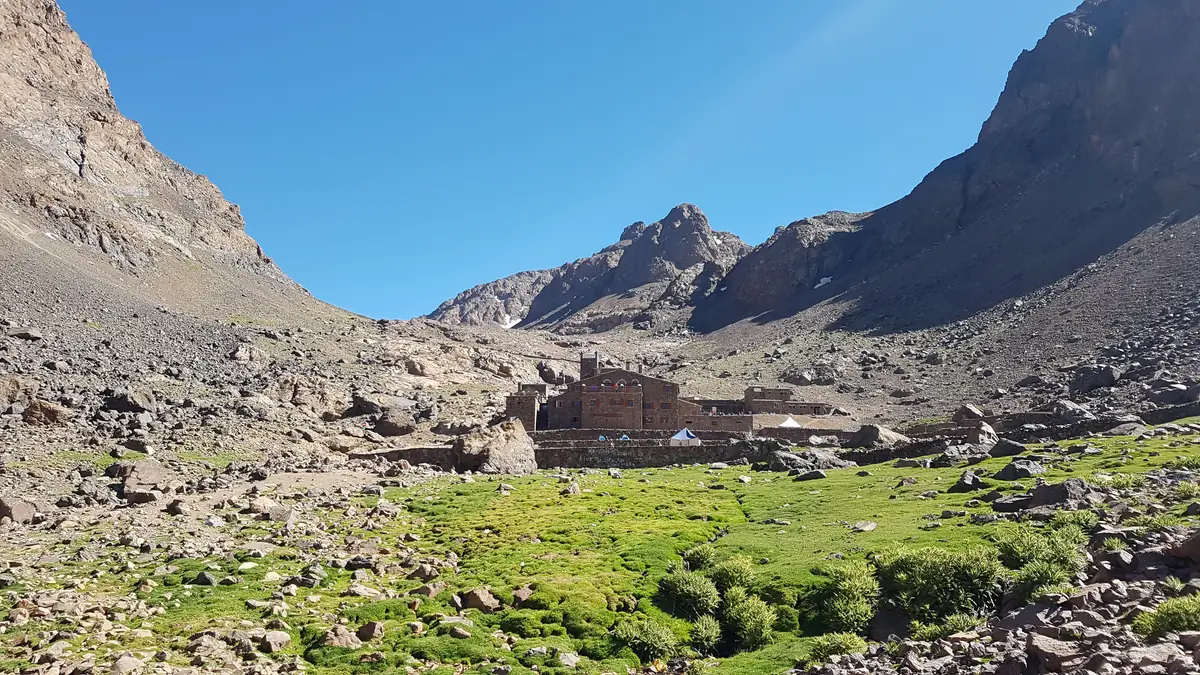 The refuges at the head of the valley below Toubkal at 3,207 m