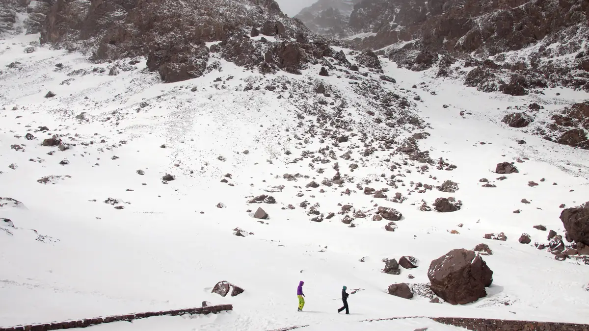Two hikers in the snow below Toubkal in winter