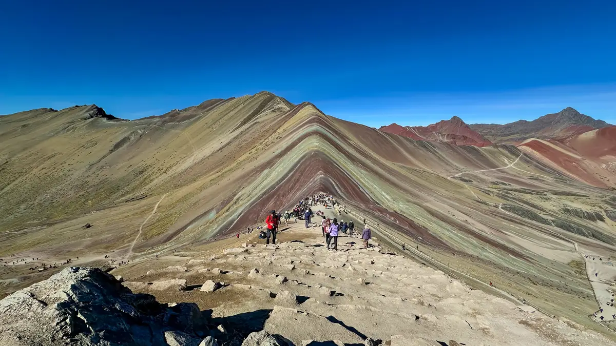 The ridge of Vinicunca with the viewpoint where the groups gather